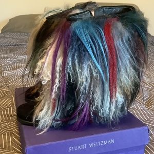 NEW Stuart Weitzman Black Suede Boot w/ Multicolored Lamb Hair Size 6M